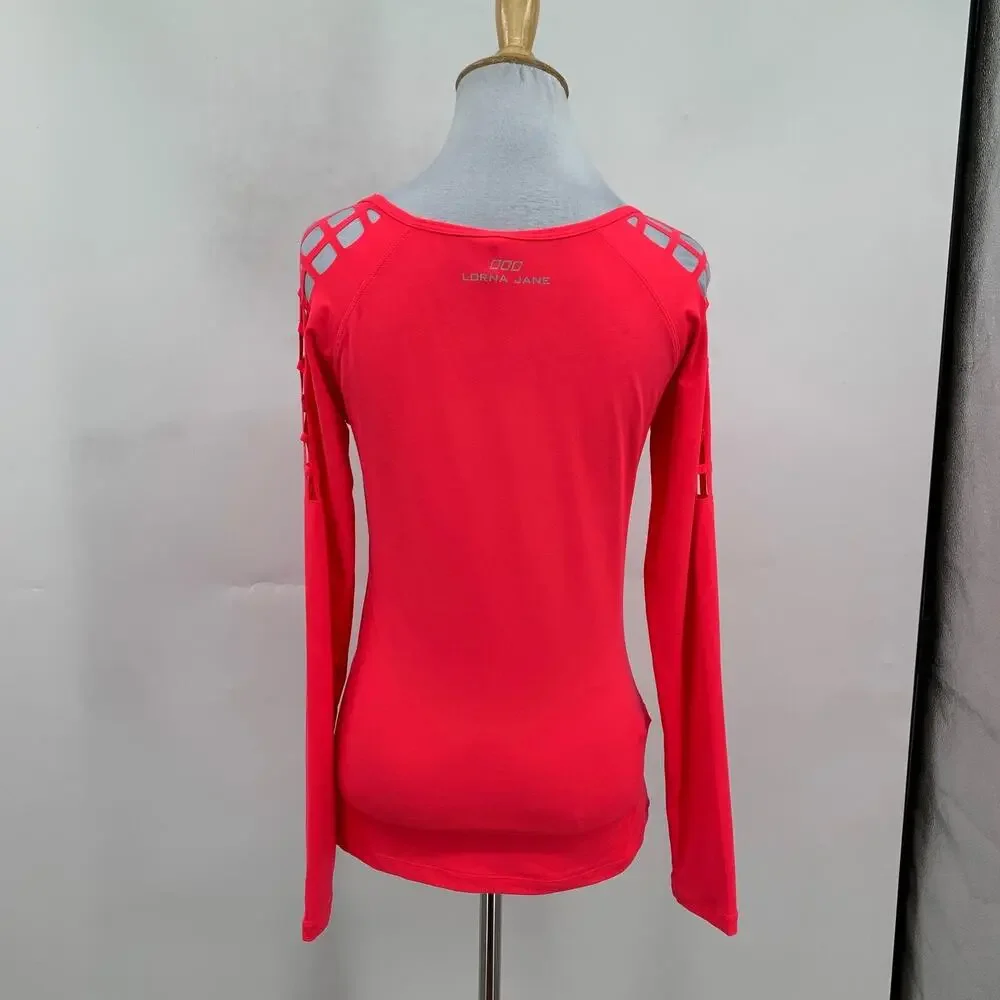 Lorna Jane Top Womens S Small Cupid Red Madrid Lasercut Long Sleeve Excel Shirt